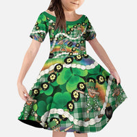 St Patrick's Day Palaka Hawaii Kid Short Sleeve Dress Kukui Nut Pikake Lei Shamrock Dabbing Leprechaun