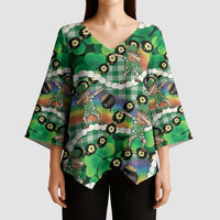 St Patrick's Day Palaka Hawaii Kimono Sleeve Blouse Kukui Nut Pikake Lei Shamrock Dabbing Leprechaun