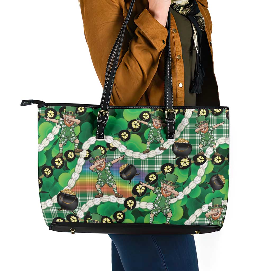 St Patrick's Day Palaka Hawaii Leather Tote Bag Kukui Nut Pikake Lei Shamrock Dabbing Leprechaun