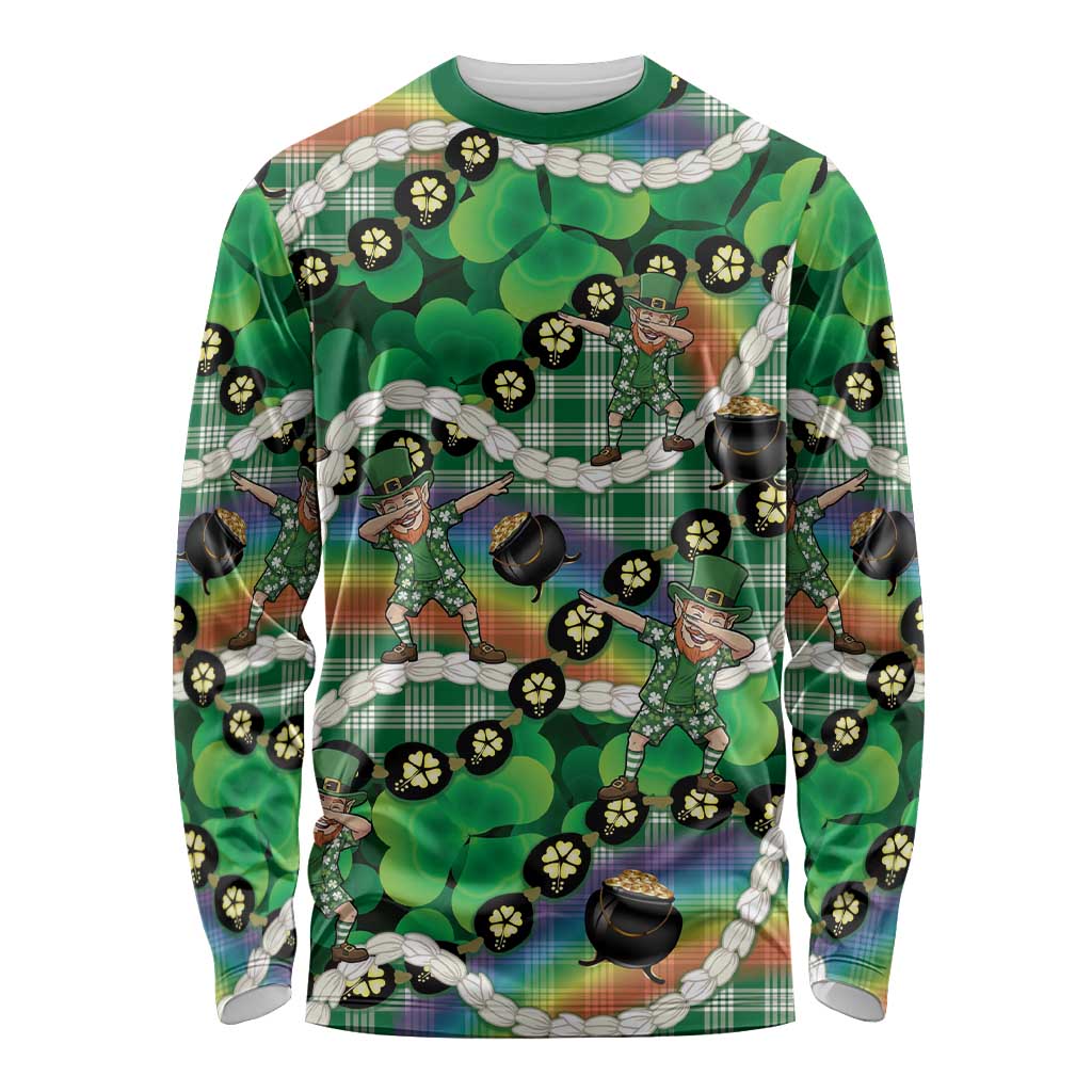 St Patrick's Day Palaka Hawaii Long Sleeve Shirt Kukui Nut Pikake Lei Shamrock Dabbing Leprechaun