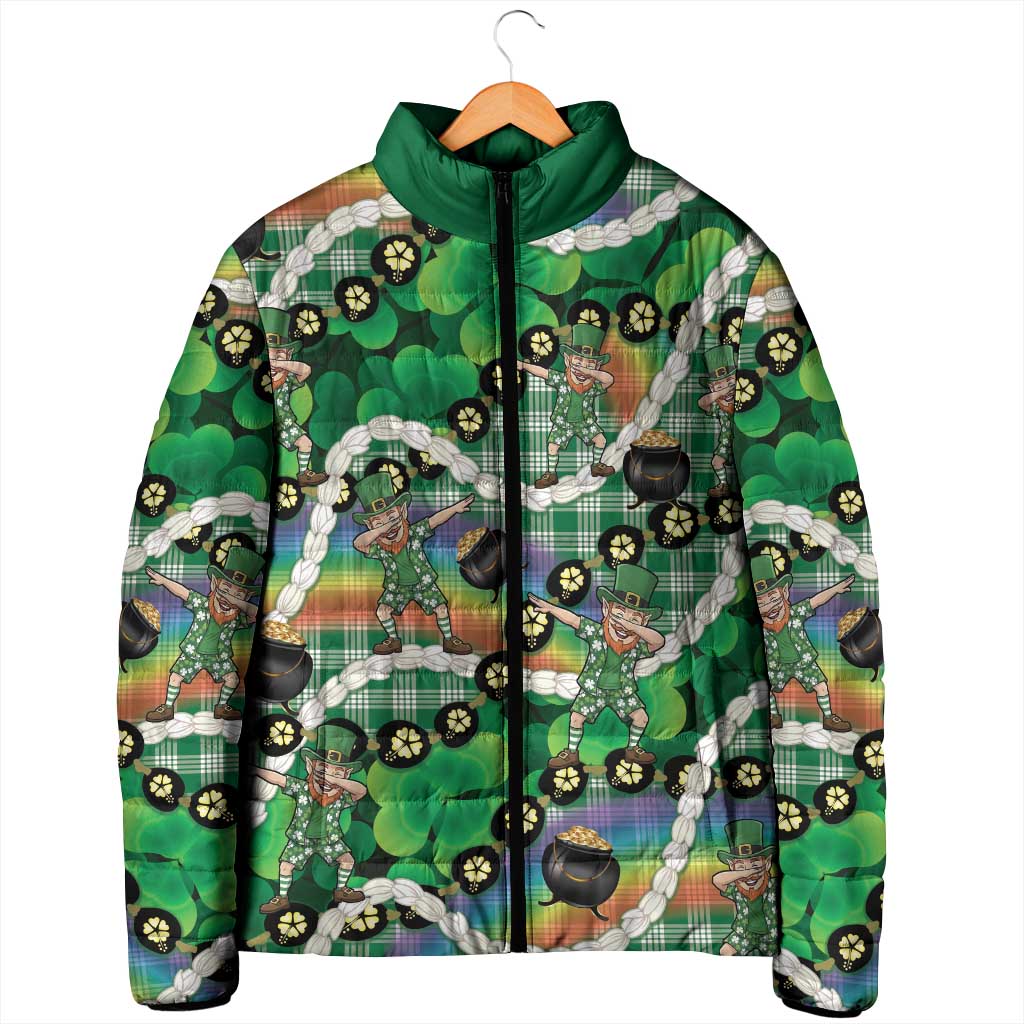 St Patrick's Day Palaka Hawaii Padded Jacket Kukui Nut Pikake Lei Shamrock Dabbing Leprechaun