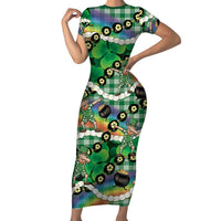 St Patrick's Day Palaka Hawaii Short Sleeve Bodycon Dress Kukui Nut Pikake Lei Shamrock Dabbing Leprechaun