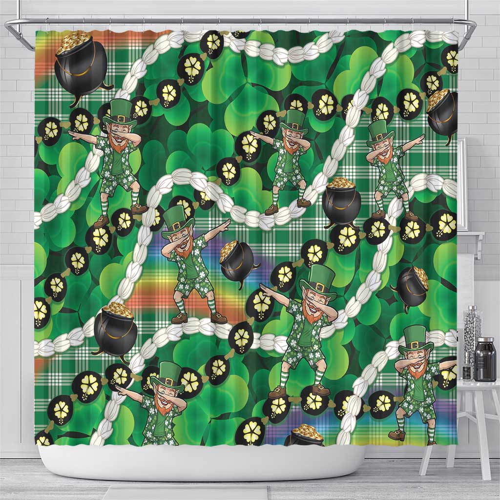 St Patrick's Day Palaka Hawaii Shower Curtain Kukui Nut Pikake Lei Shamrock Dabbing Leprechaun