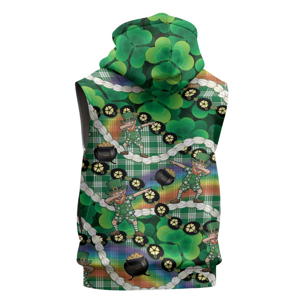 St Patrick's Day Palaka Hawaii Sleeveless Hoodie Kukui Nut Pikake Lei Shamrock Dabbing Leprechaun