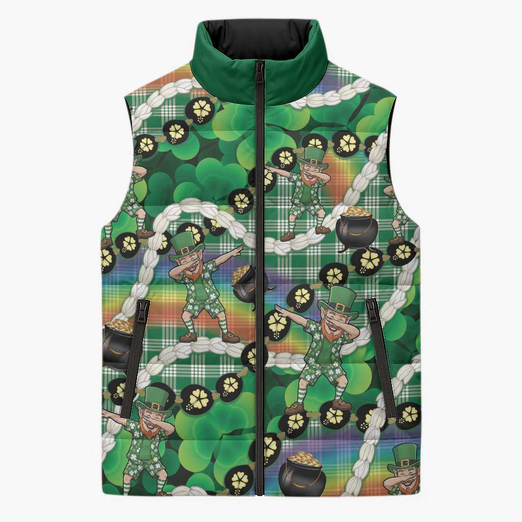 St Patrick's Day Palaka Hawaii Sleeveless Puffer Jacket Kukui Nut Pikake Lei Shamrock Dabbing Leprechaun