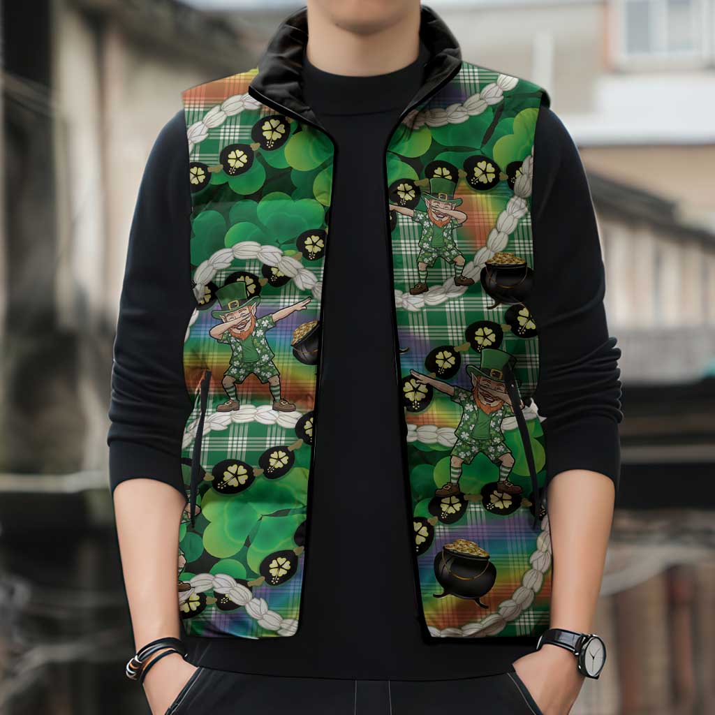 St Patrick's Day Palaka Hawaii Sleeveless Puffer Jacket Kukui Nut Pikake Lei Shamrock Dabbing Leprechaun