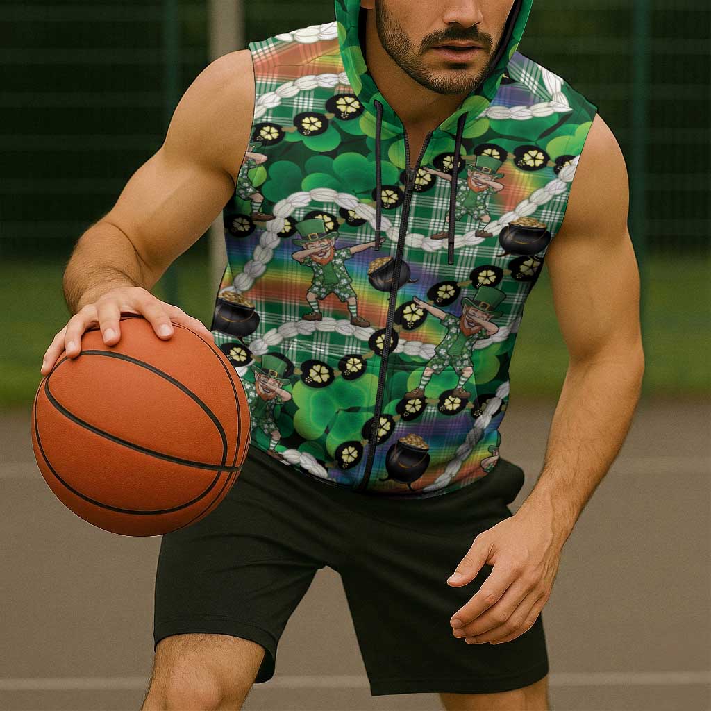 St Patrick's Day Palaka Hawaii Sleeveless Zip Hoodie Kukui Nut Pikake Lei Shamrock Dabbing Leprechaun