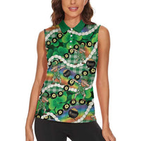 St Patrick's Day Palaka Hawaii Women Sleeveless Polo Shirt Kukui Nut Pikake Lei Shamrock Dabbing Leprechaun