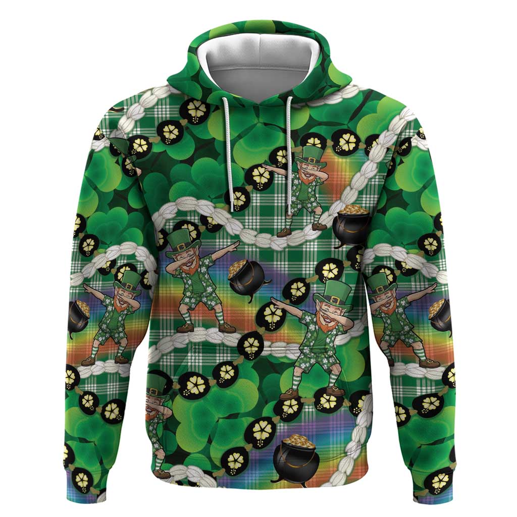 St Patrick's Day Palaka Hawaii Zip Hoodie Kukui Nut Pikake Lei Shamrock Dabbing Leprechaun