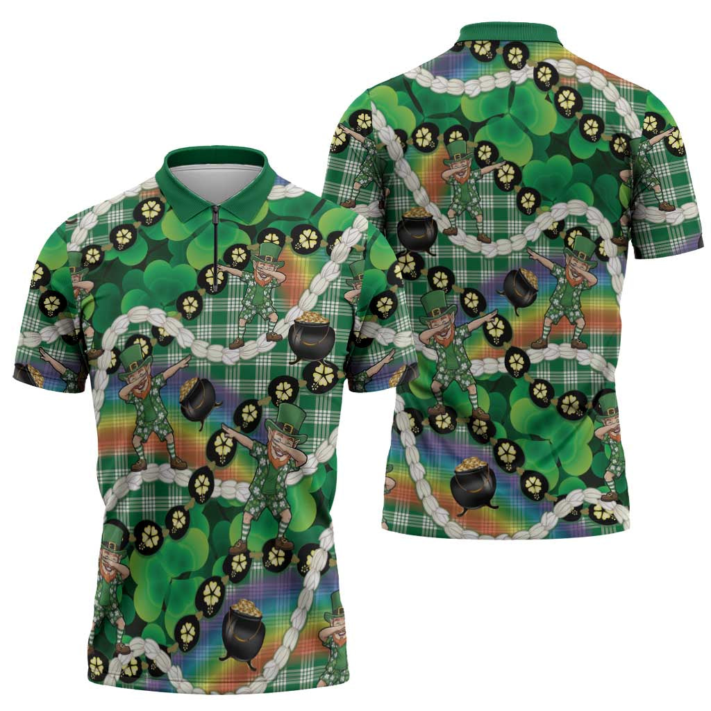 St Patrick's Day Palaka Hawaii Zipper Polo Shirt Kukui Nut Pikake Lei Shamrock Dabbing Leprechaun