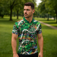 St Patrick's Day Palaka Hawaii Zipper Polo Shirt Kukui Nut Pikake Lei Shamrock Dabbing Leprechaun