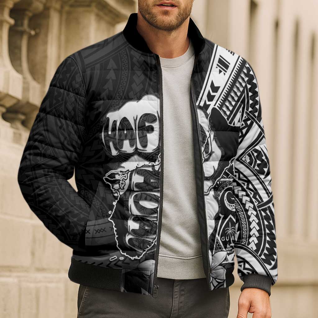Hafa Adai Guam Discovery Day Bomber Puffer Jacket Chamorro Latte Stone Hand Black Version