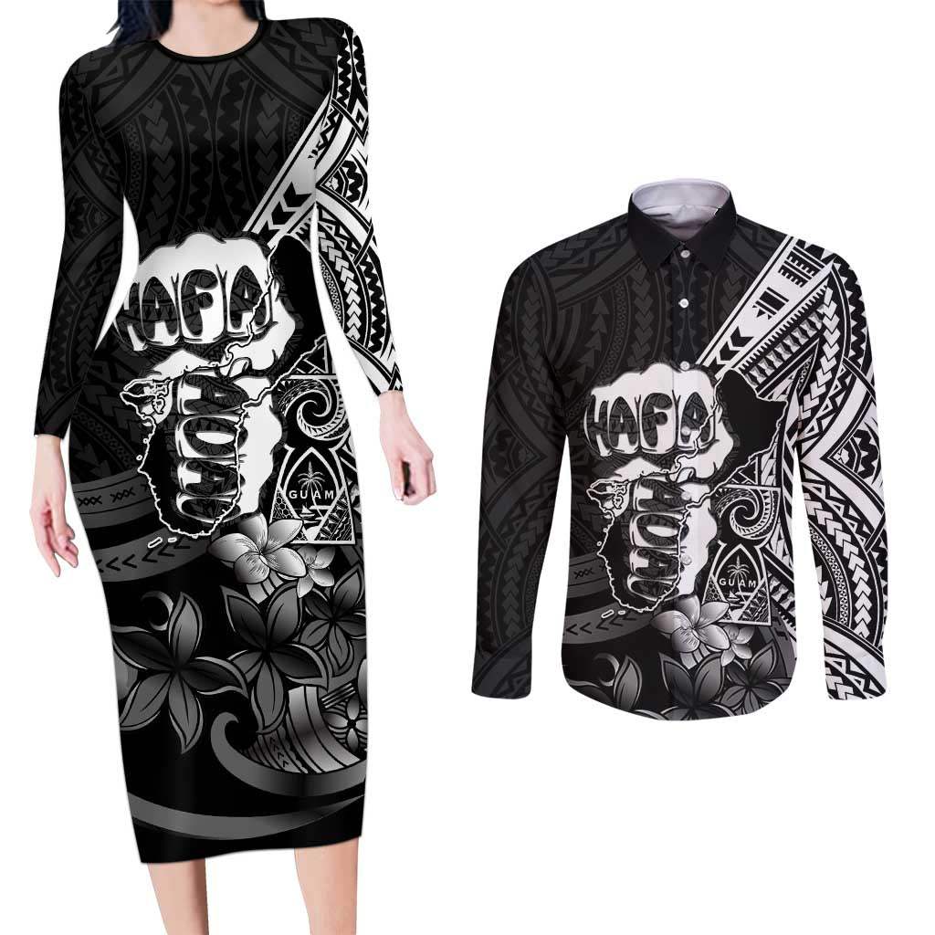 Hafa Adai Guam Discovery Day Couples Matching Long Sleeve Bodycon Dress and Long Sleeve Button Shirt Chamorro Latte Stone Hand Black Version