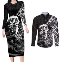 Hafa Adai Guam Discovery Day Couples Matching Long Sleeve Bodycon Dress and Long Sleeve Button Shirt Chamorro Latte Stone Hand Black Version