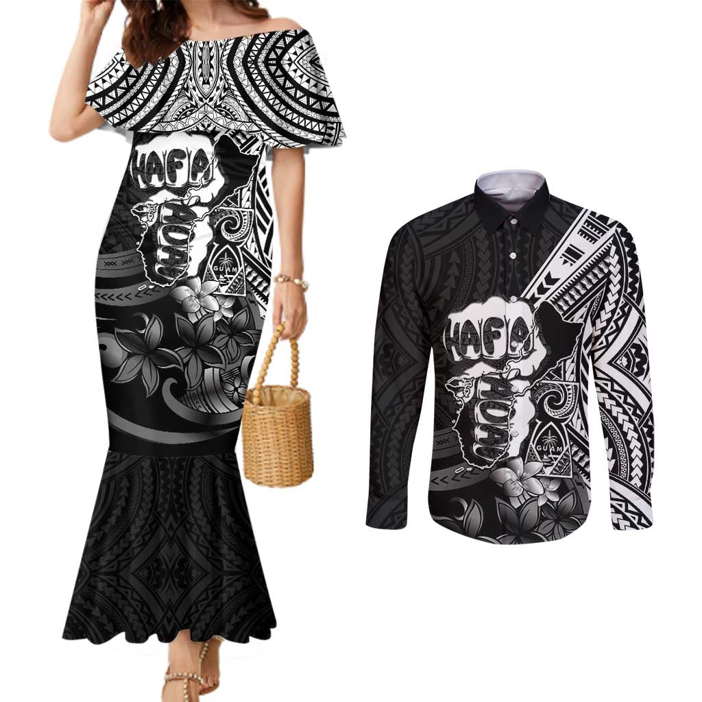 Hafa Adai Guam Discovery Day Couples Matching Mermaid Dress and Long Sleeve Button Shirt Chamorro Latte Stone Hand Black Version
