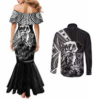 Hafa Adai Guam Discovery Day Couples Matching Mermaid Dress and Long Sleeve Button Shirt Chamorro Latte Stone Hand Black Version