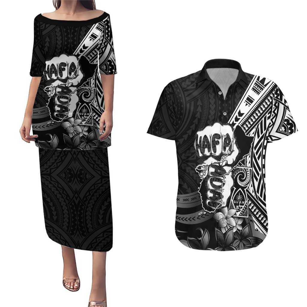 Hafa Adai Guam Discovery Day Couples Matching Puletasi and Hawaiian Shirt Chamorro Latte Stone Hand Black Version