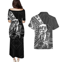 Hafa Adai Guam Discovery Day Couples Matching Puletasi and Hawaiian Shirt Chamorro Latte Stone Hand Black Version