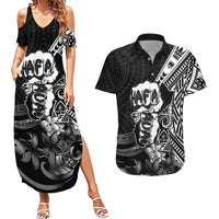 Hafa Adai Guam Discovery Day Couples Matching Summer Maxi Dress and Hawaiian Shirt Chamorro Latte Stone Hand Black Version