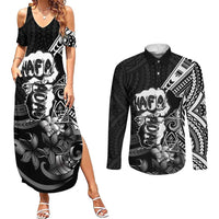 Hafa Adai Guam Discovery Day Couples Matching Summer Maxi Dress and Long Sleeve Button Shirt Chamorro Latte Stone Hand Black Version