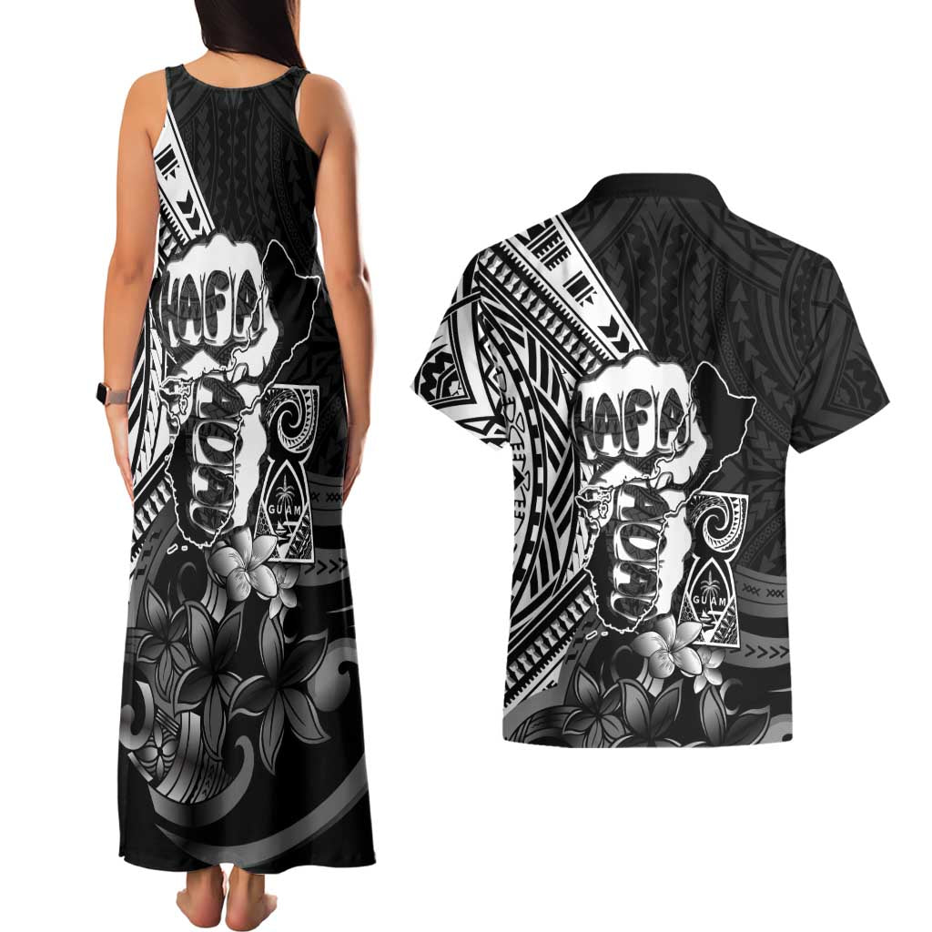 Hafa Adai Guam Discovery Day Couples Matching Tank Maxi Dress and Hawaiian Shirt Chamorro Latte Stone Hand Black Version