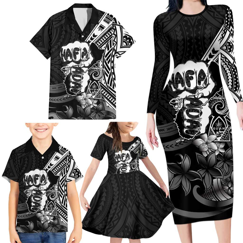 Hafa Adai Guam Discovery Day Family Matching Long Sleeve Bodycon Dress and Hawaiian Shirt Chamorro Latte Stone Hand Black Version LT14 - Polynesian Pride