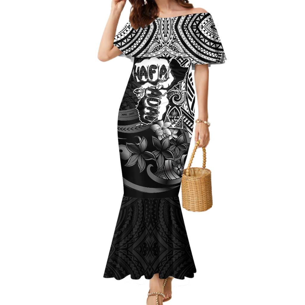 Hafa Adai Guam Discovery Day Family Matching Mermaid Dress and Hawaiian Shirt Chamorro Latte Stone Hand Black Version
