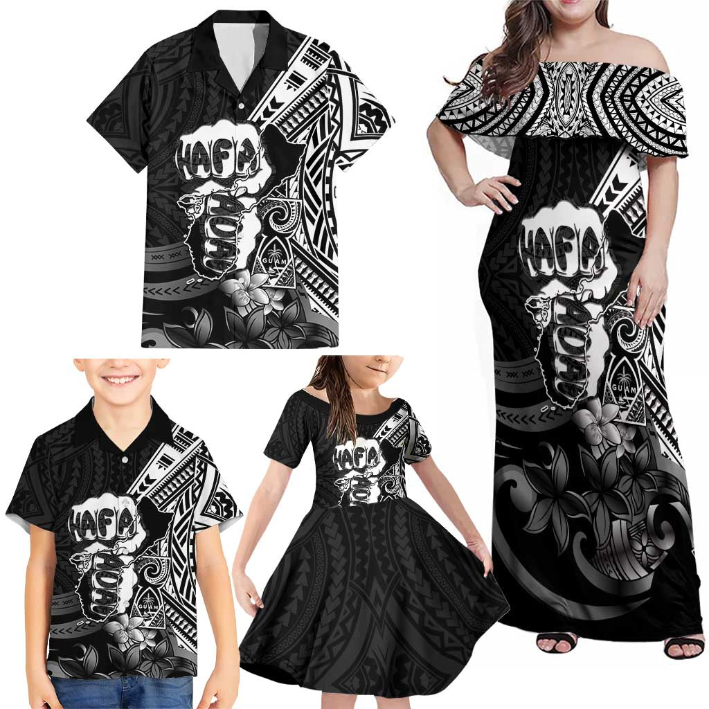 Hafa Adai Guam Discovery Day Family Matching Off Shoulder Maxi Dress and Hawaiian Shirt Chamorro Latte Stone Hand Black Version