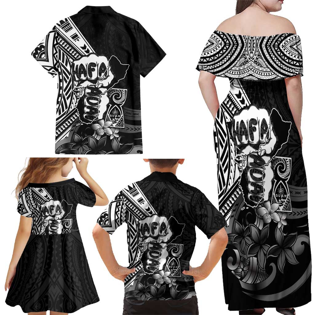 Hafa Adai Guam Discovery Day Family Matching Off Shoulder Maxi Dress and Hawaiian Shirt Chamorro Latte Stone Hand Black Version