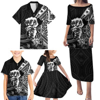 Hafa Adai Guam Discovery Day Family Matching Puletasi and Hawaiian Shirt Chamorro Latte Stone Hand Black Version LT14 - Polynesian Pride