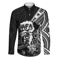 Hafa Adai Guam Discovery Day Family Matching Puletasi and Hawaiian Shirt Chamorro Latte Stone Hand Black Version LT14 Dad's Shirt - Long Sleeve Black - Polynesian Pride