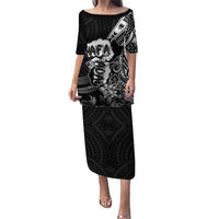 Hafa Adai Guam Discovery Day Family Matching Puletasi and Hawaiian Shirt Chamorro Latte Stone Hand Black Version LT14 Mom's Dress Black - Polynesian Pride