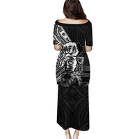 Hafa Adai Guam Discovery Day Family Matching Puletasi and Hawaiian Shirt Chamorro Latte Stone Hand Black Version LT14 - Polynesian Pride