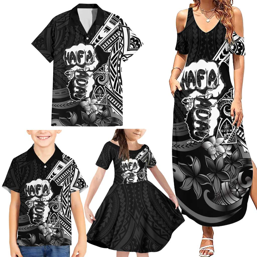 Hafa Adai Guam Discovery Day Family Matching Summer Maxi Dress and Hawaiian Shirt Chamorro Latte Stone Hand Black Version