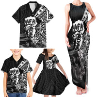 Hafa Adai Guam Discovery Day Family Matching Tank Maxi Dress and Hawaiian Shirt Chamorro Latte Stone Hand Black Version
