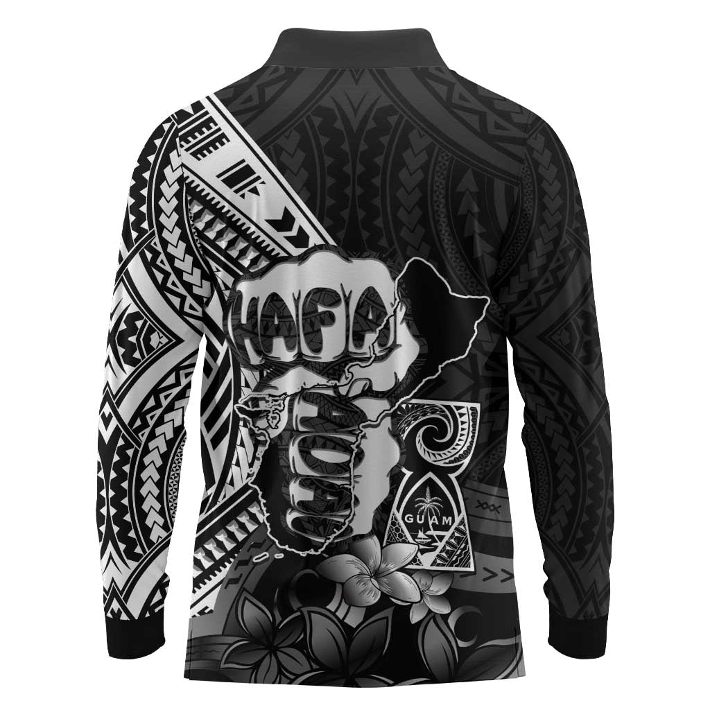 Hafa Adai Guam Discovery Day Long Sleeve Polo Shirt Chamorro Latte Stone Hand Black Version