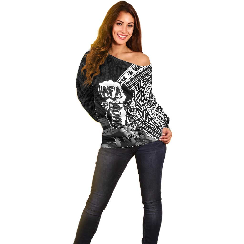 Hafa Adai Guam Discovery Day Off Shoulder Sweater Chamorro Latte Stone Hand Black Version