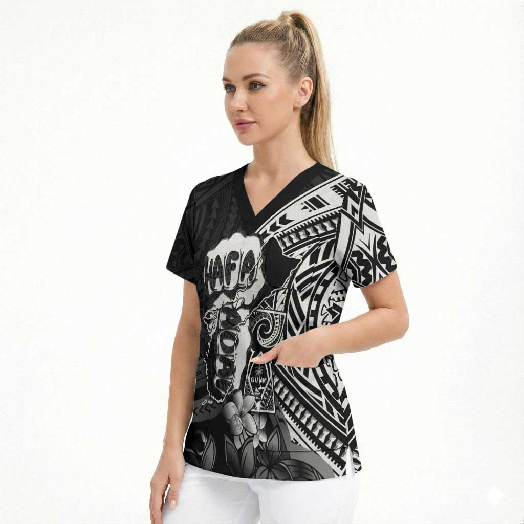 Hafa Adai Guam Discovery Day Scrub Top Chamorro Latte Stone Hand Black Version