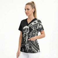 Hafa Adai Guam Discovery Day Scrub Top Chamorro Latte Stone Hand Black Version