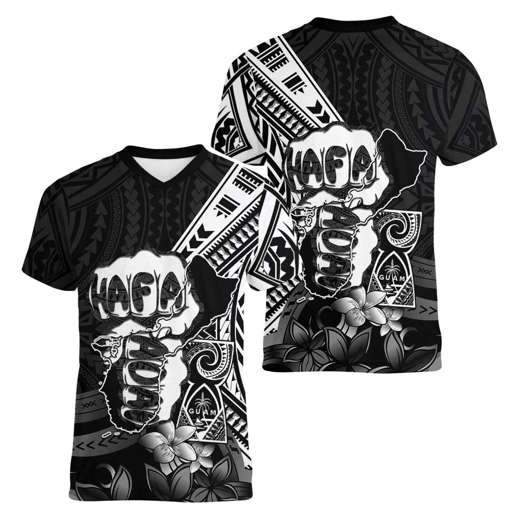 Hafa Adai Guam Discovery Day Women V-Neck T-Shirt Chamorro Latte Stone Hand Black Version