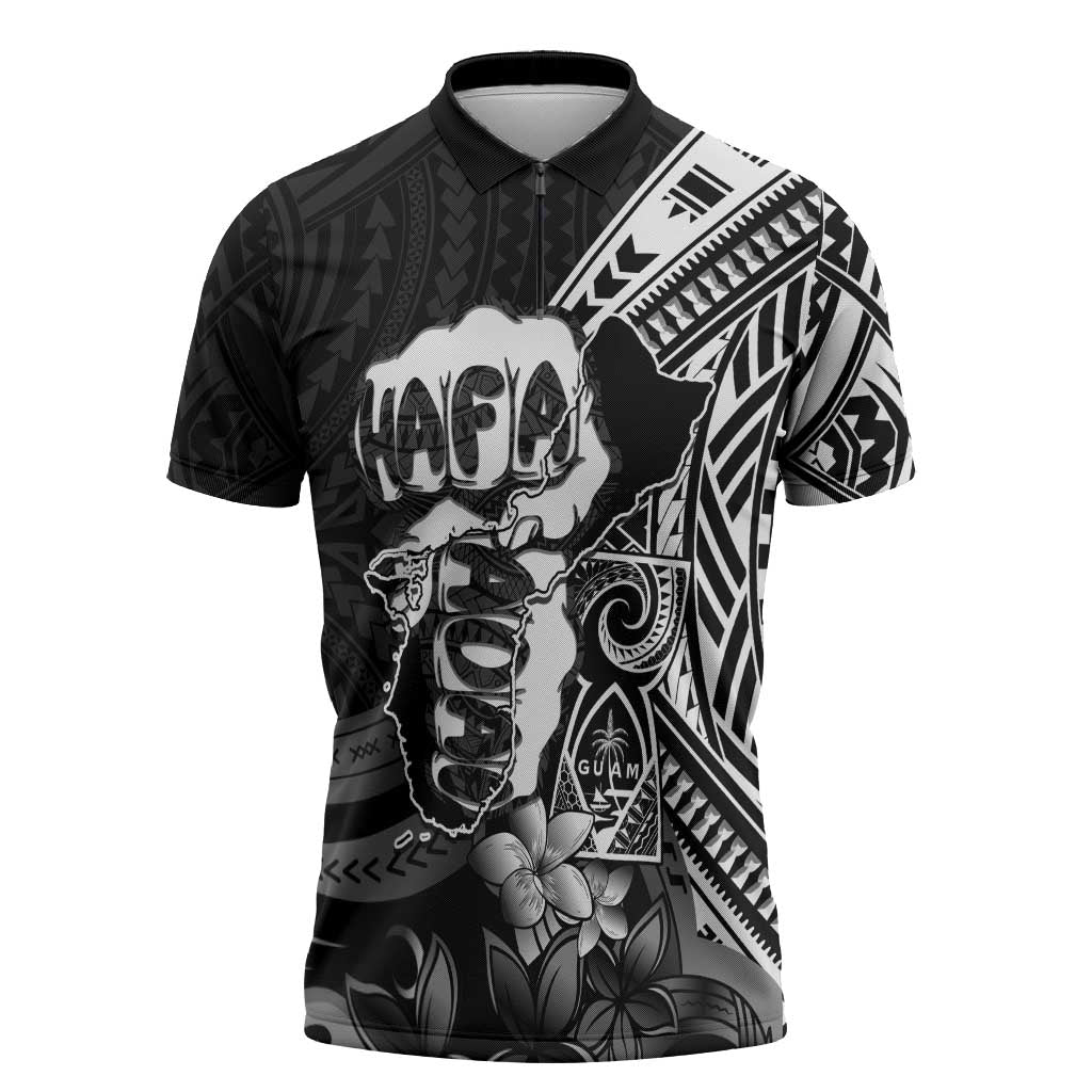Hafa Adai Guam Discovery Day Zipper Polo Shirt Chamorro Latte Stone Hand Black Version