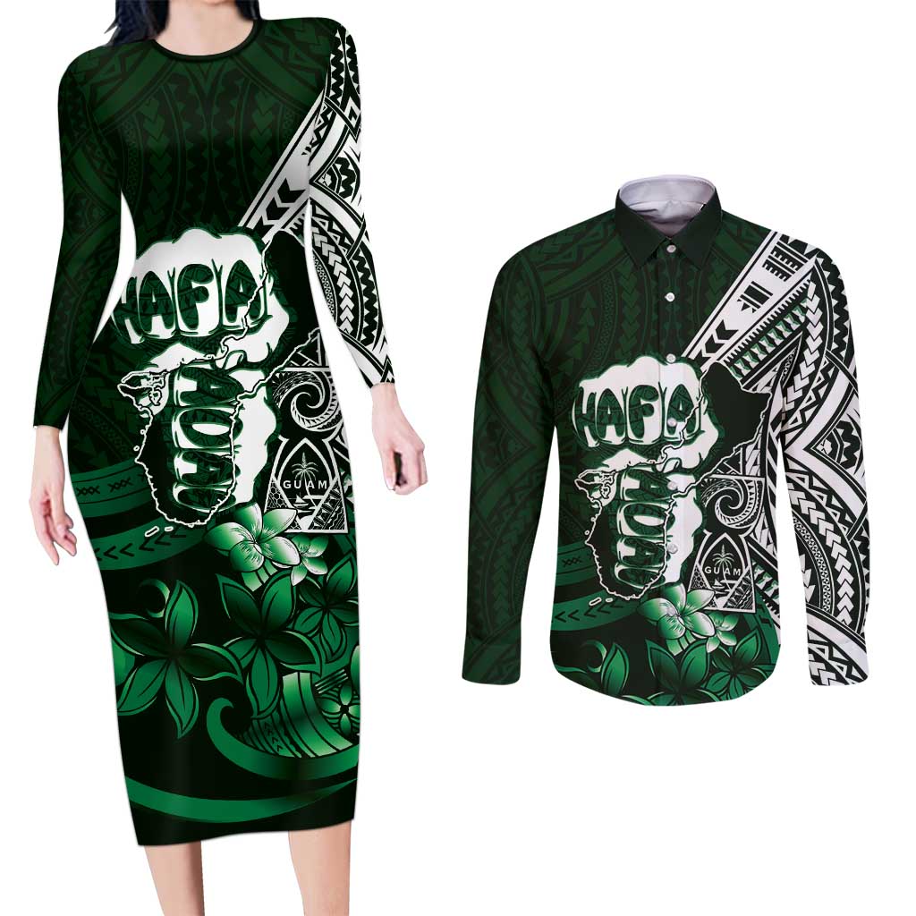Hafa Adai Guam Discovery Day Couples Matching Long Sleeve Bodycon Dress and Long Sleeve Button Shirt Chamorro Latte Stone Hand Green Version