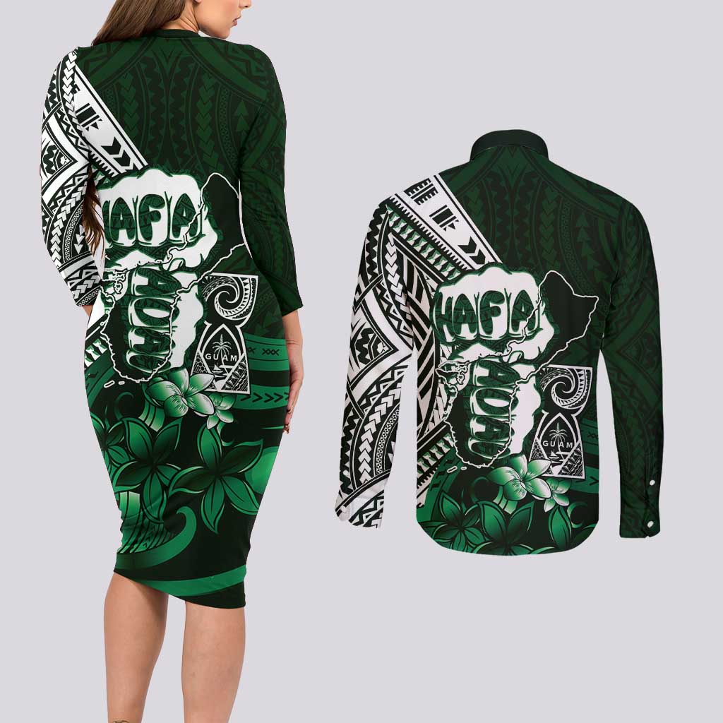 Hafa Adai Guam Discovery Day Couples Matching Long Sleeve Bodycon Dress and Long Sleeve Button Shirt Chamorro Latte Stone Hand Green Version