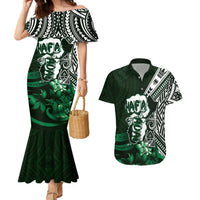 Hafa Adai Guam Discovery Day Couples Matching Mermaid Dress and Hawaiian Shirt Chamorro Latte Stone Hand Green Version
