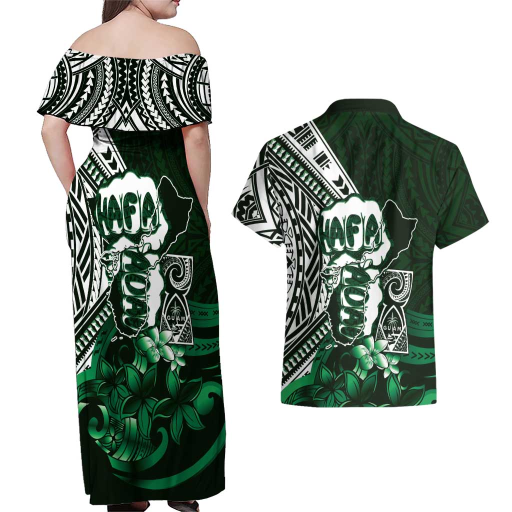 Hafa Adai Guam Discovery Day Couples Matching Off Shoulder Maxi Dress and Hawaiian Shirt Chamorro Latte Stone Hand Green Version