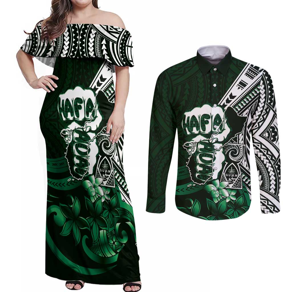 Hafa Adai Guam Discovery Day Couples Matching Off Shoulder Maxi Dress and Long Sleeve Button Shirt Chamorro Latte Stone Hand Green Version