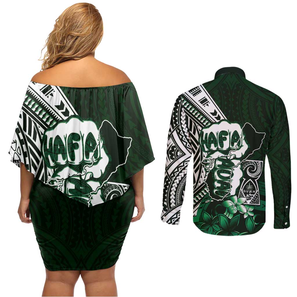 Hafa Adai Guam Discovery Day Couples Matching Off Shoulder Short Dress and Long Sleeve Button Shirt Chamorro Latte Stone Hand Green Version