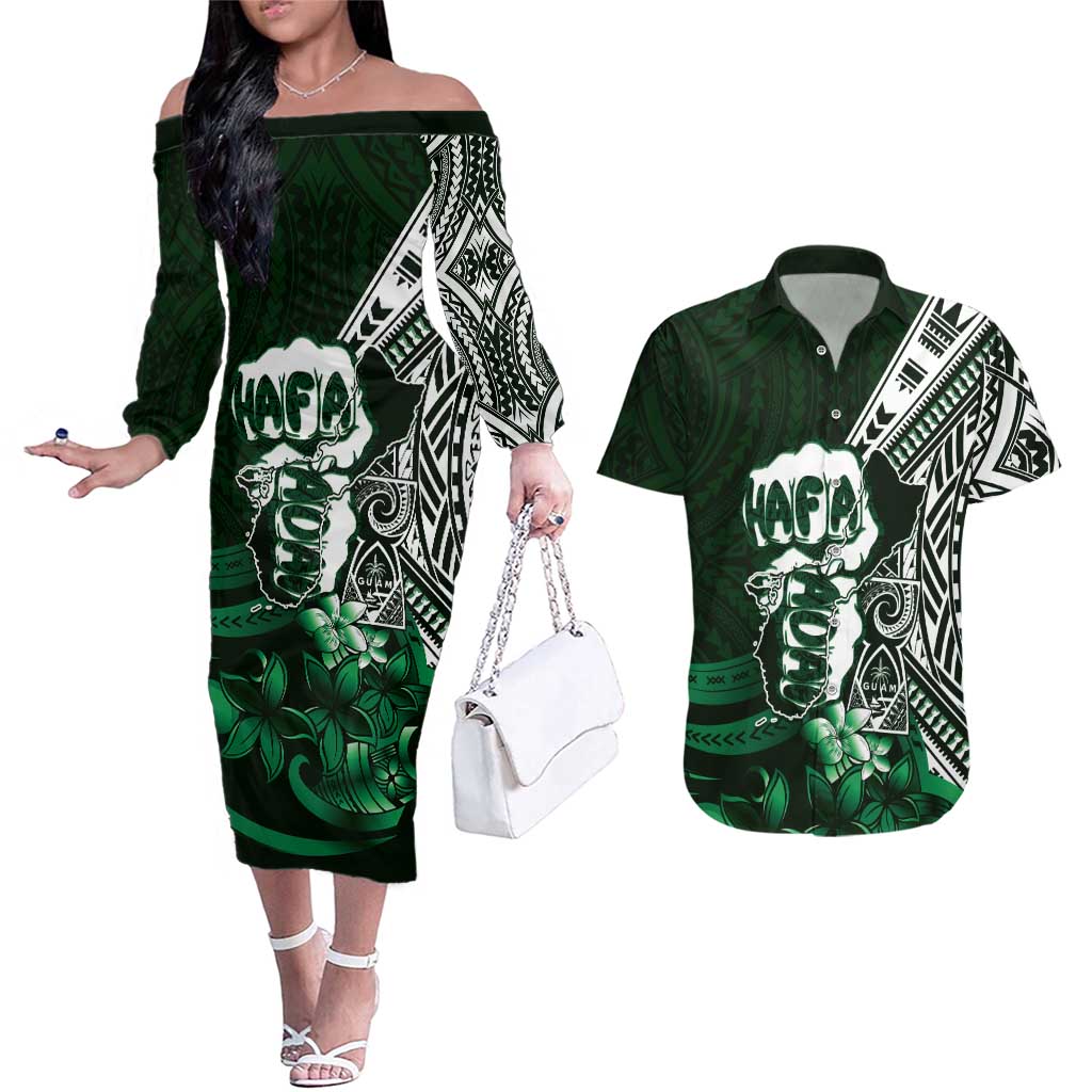 Hafa Adai Guam Discovery Day Couples Matching Off The Shoulder Long Sleeve Dress and Hawaiian Shirt Chamorro Latte Stone Hand Green Version LT14 Green - Polynesian Pride
