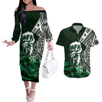 Hafa Adai Guam Discovery Day Couples Matching Off The Shoulder Long Sleeve Dress and Hawaiian Shirt Chamorro Latte Stone Hand Green Version LT14 Green - Polynesian Pride