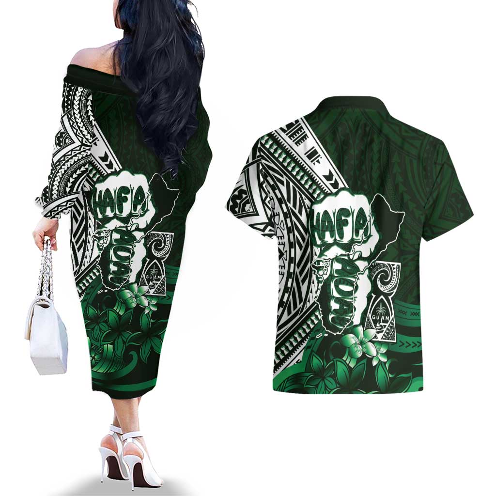 Hafa Adai Guam Discovery Day Couples Matching Off The Shoulder Long Sleeve Dress and Hawaiian Shirt Chamorro Latte Stone Hand Green Version LT14 - Polynesian Pride